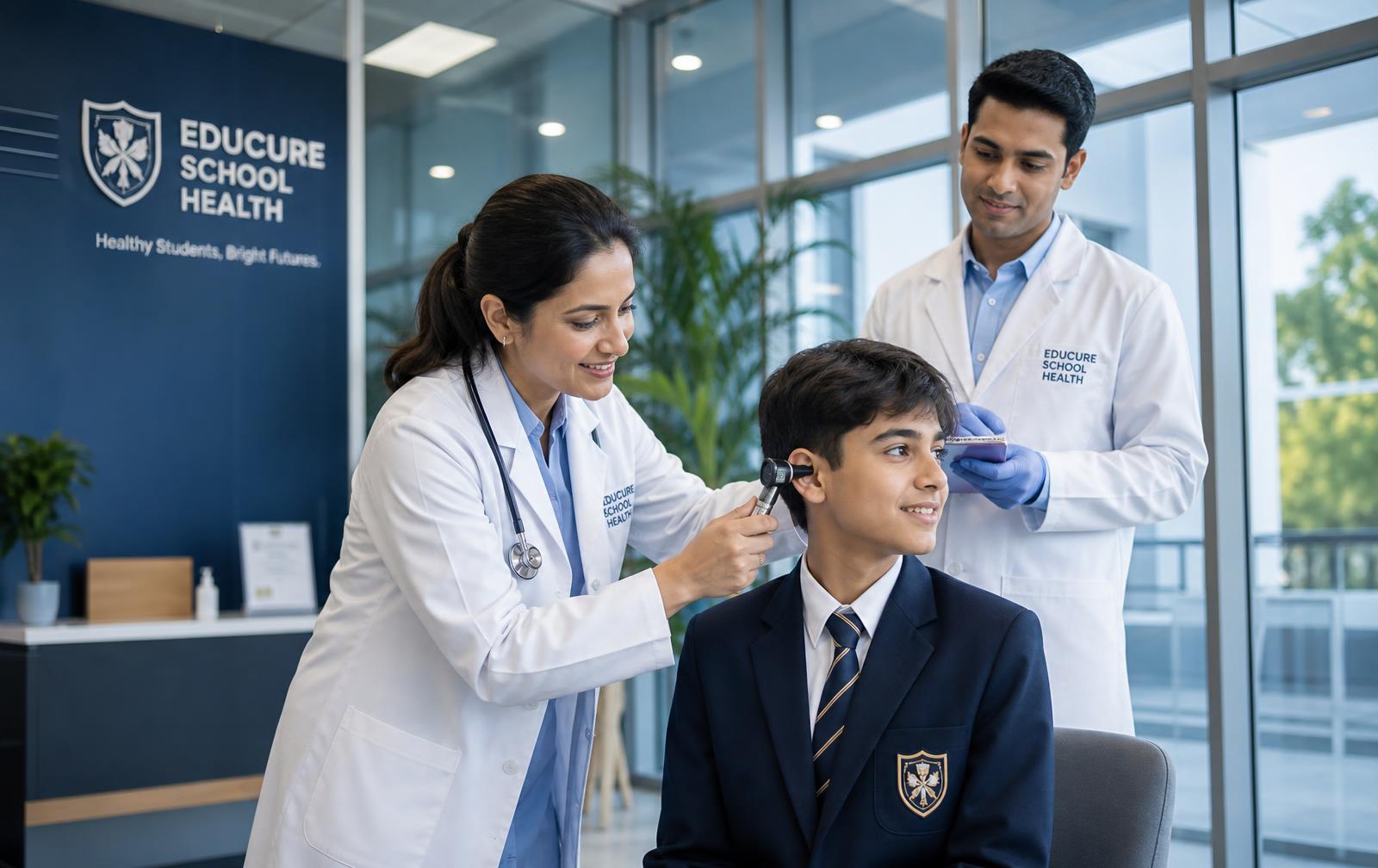 School nurse screening a student on a tablet with digital vitals displayed
