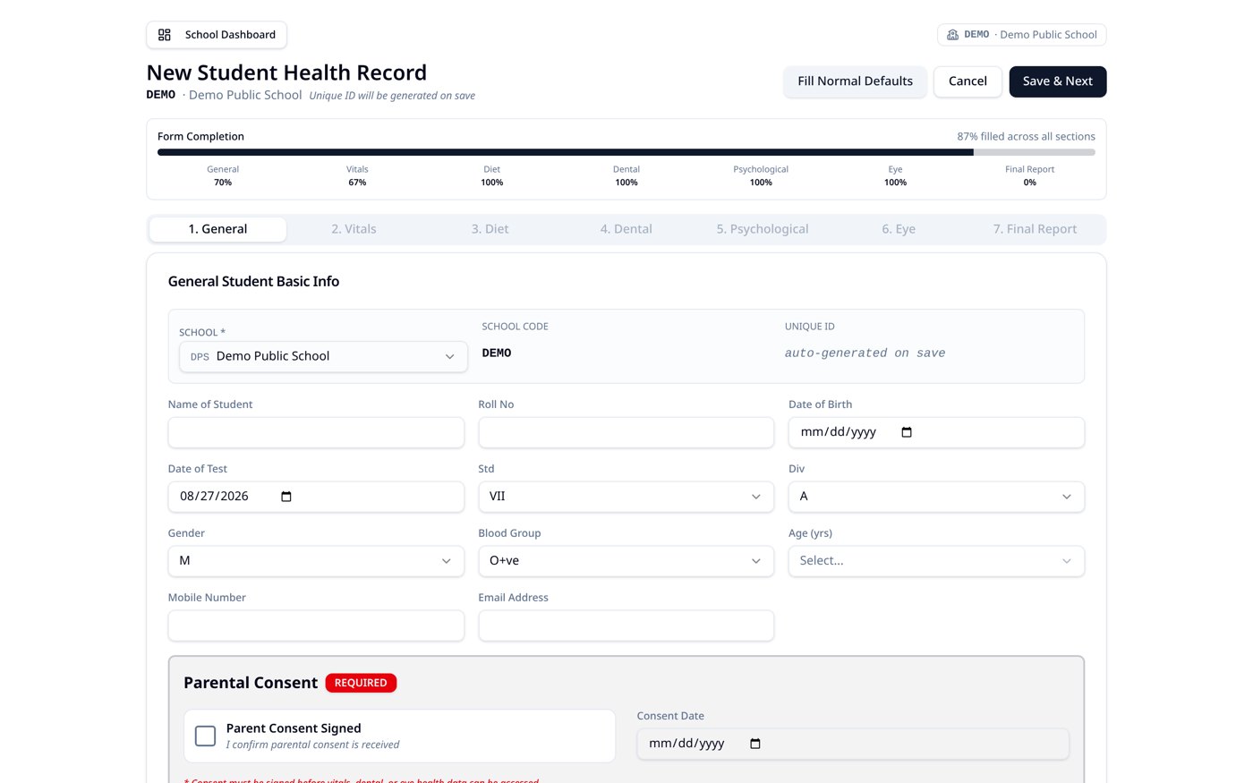 Digital Examination Form screen of the Educure school health platform