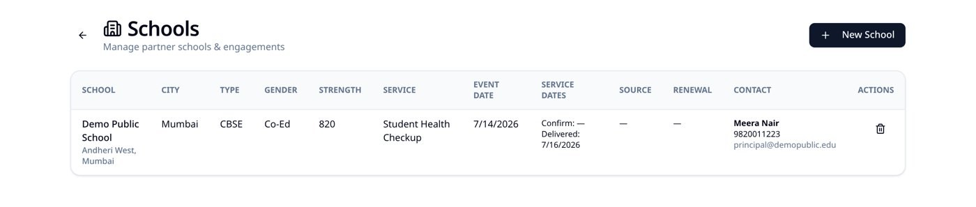 Multi-School Directory screen of the Educure school health platform