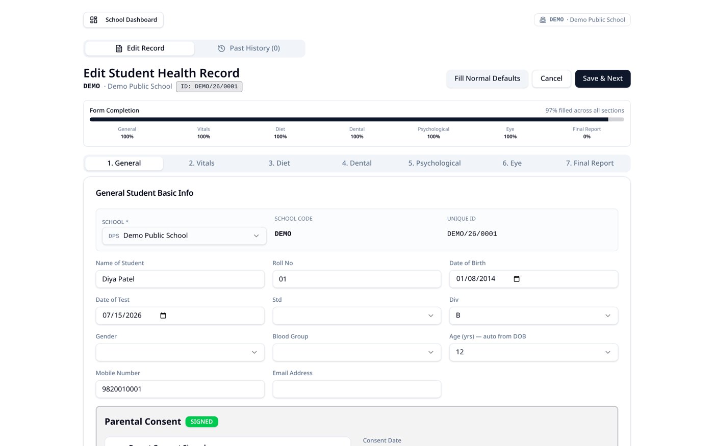 Student Health Record screen of the Educure school health platform